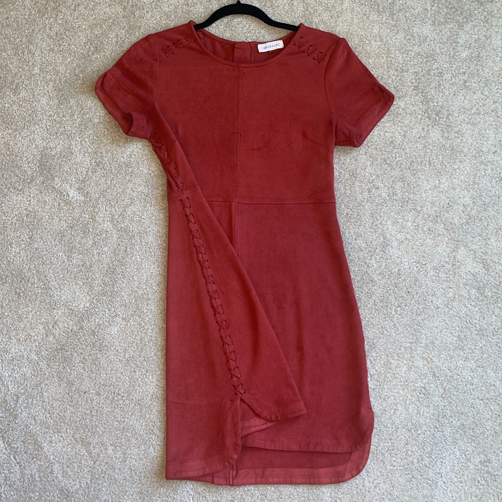 SUGAR LIPS Faux Suede Burnt Orange A-line Mini Dress Sz Small